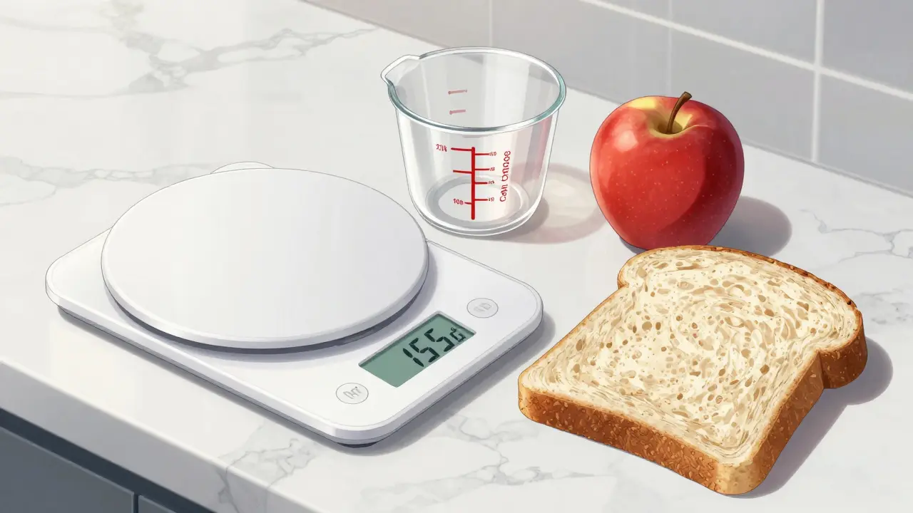 A digital food scale and measuring cup next to a small apple and bread slice.