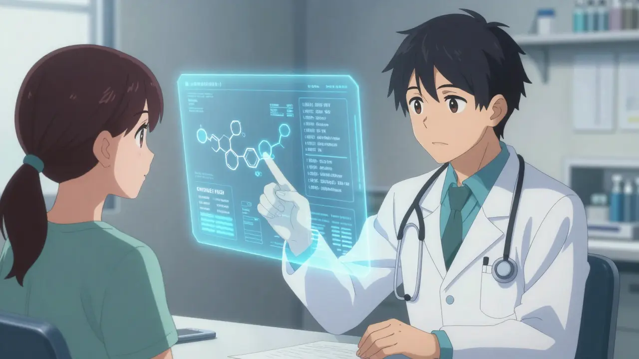 A doctor and patient reviewing a holographic digital health record to ensure medication safety.