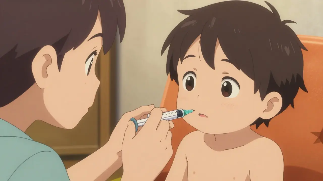 A parent using an oral syringe to safely give medicine to a young child.
