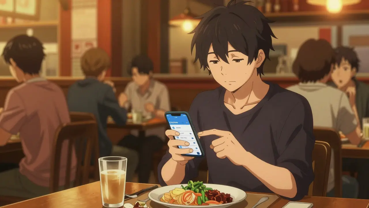 A person confidently using a phone app to count carbs while dining at a restaurant.