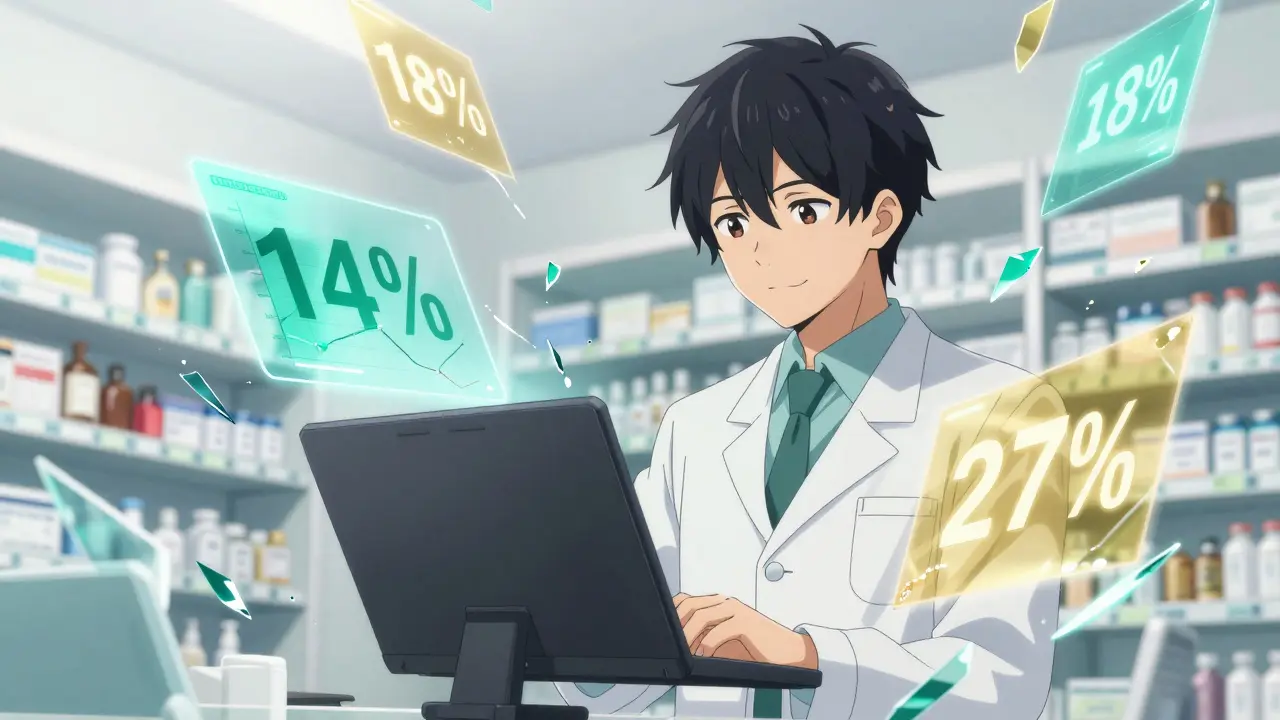 A pharmacist observing falling price percentages in a holographic display.