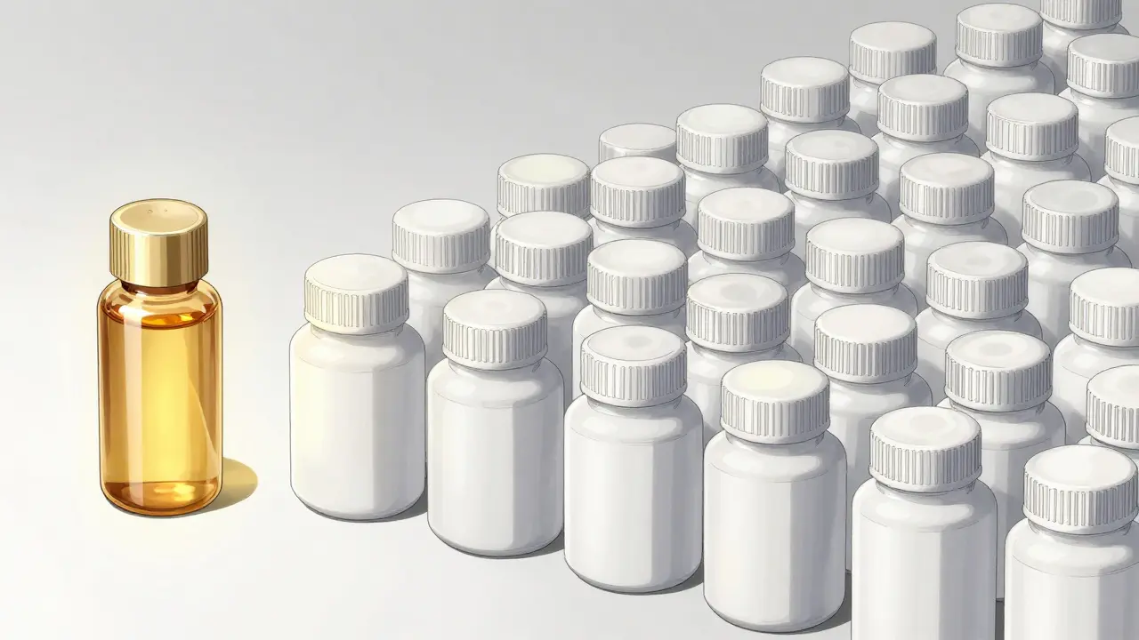 A single expensive brand drug bottle being overwhelmed by many cheap generic bottles.