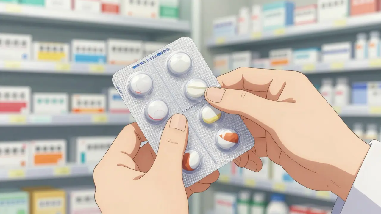 Close-up of medication being organized into blister packs in a professional pharmacy