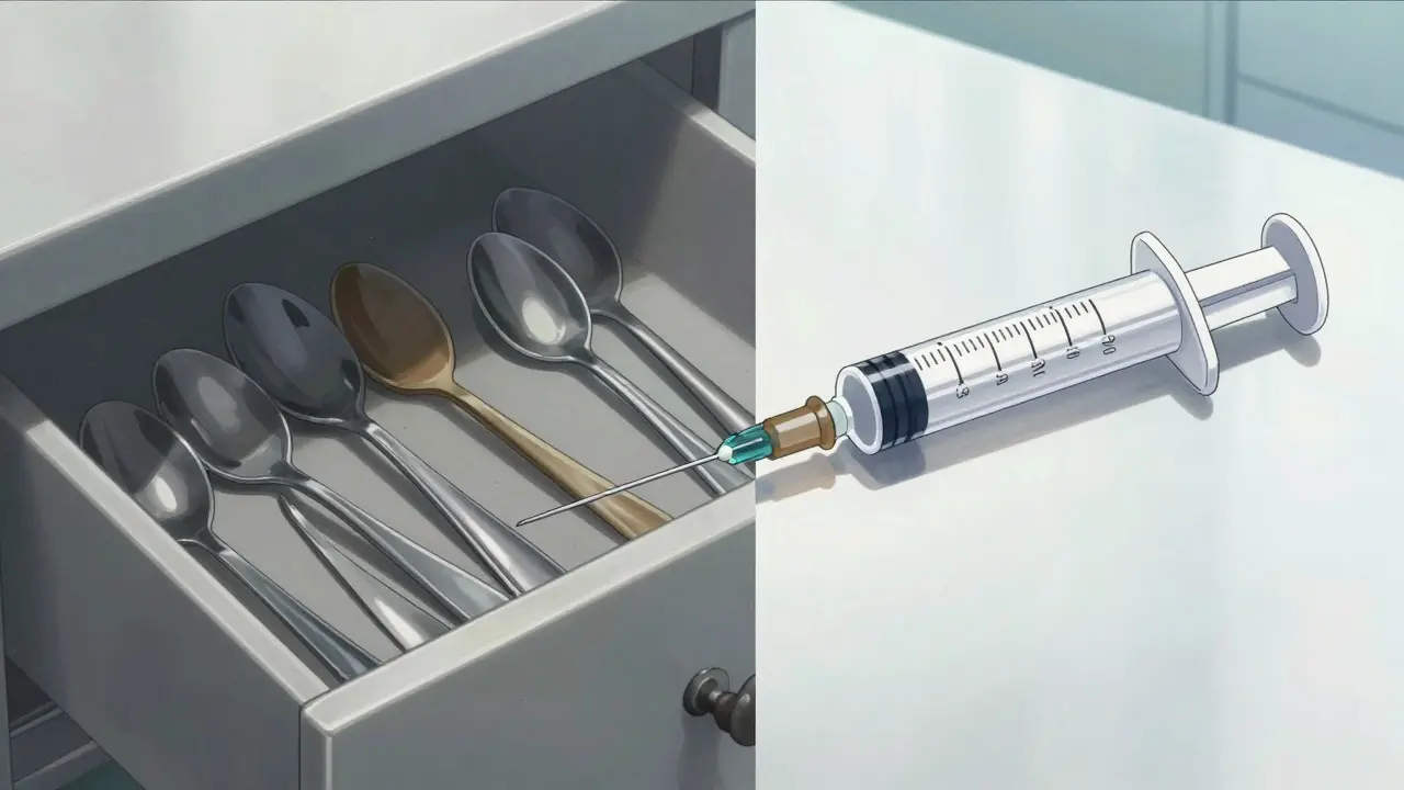 Comparison between various household spoons and a precise medical oral syringe.