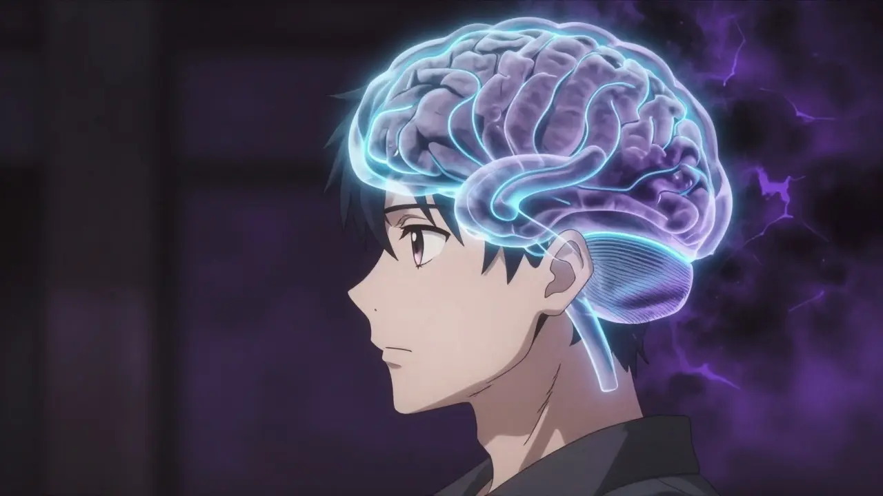 Conceptual anime art of a human brain showing the contrast between placebo trust and nocebo doubt.