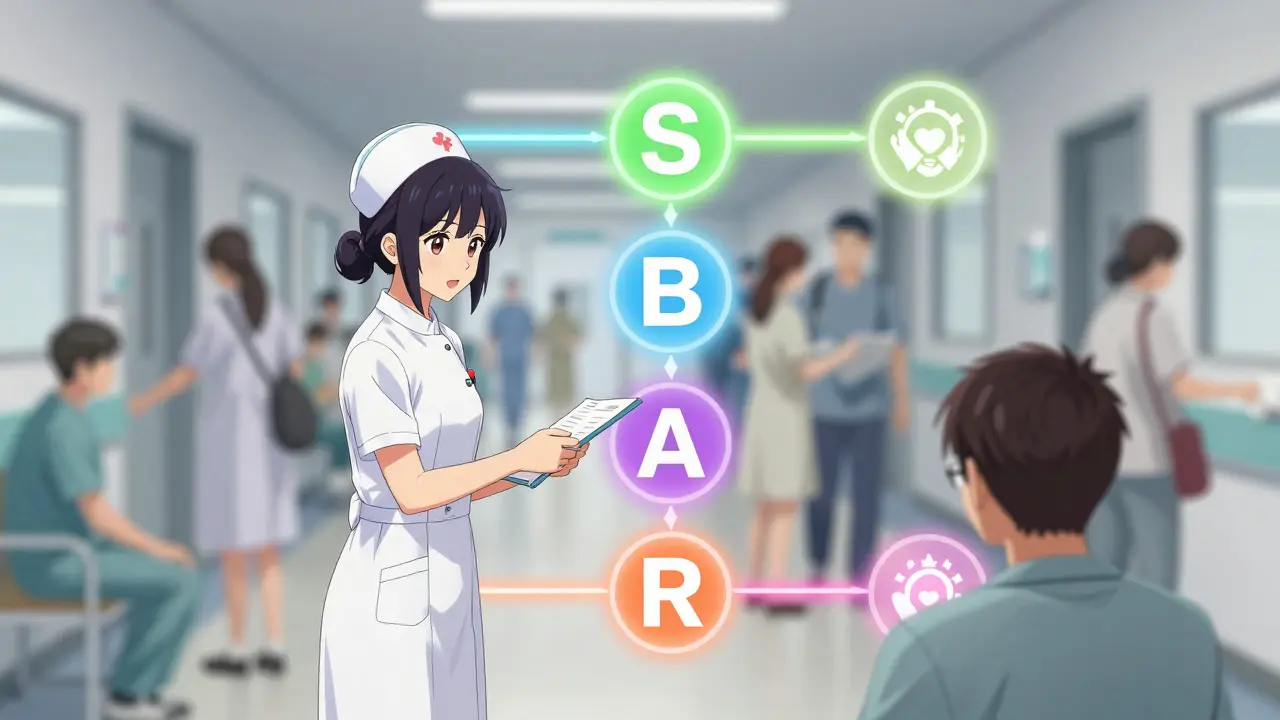 Healthcare providers using a structured communication method during a patient handoff in a hospital.