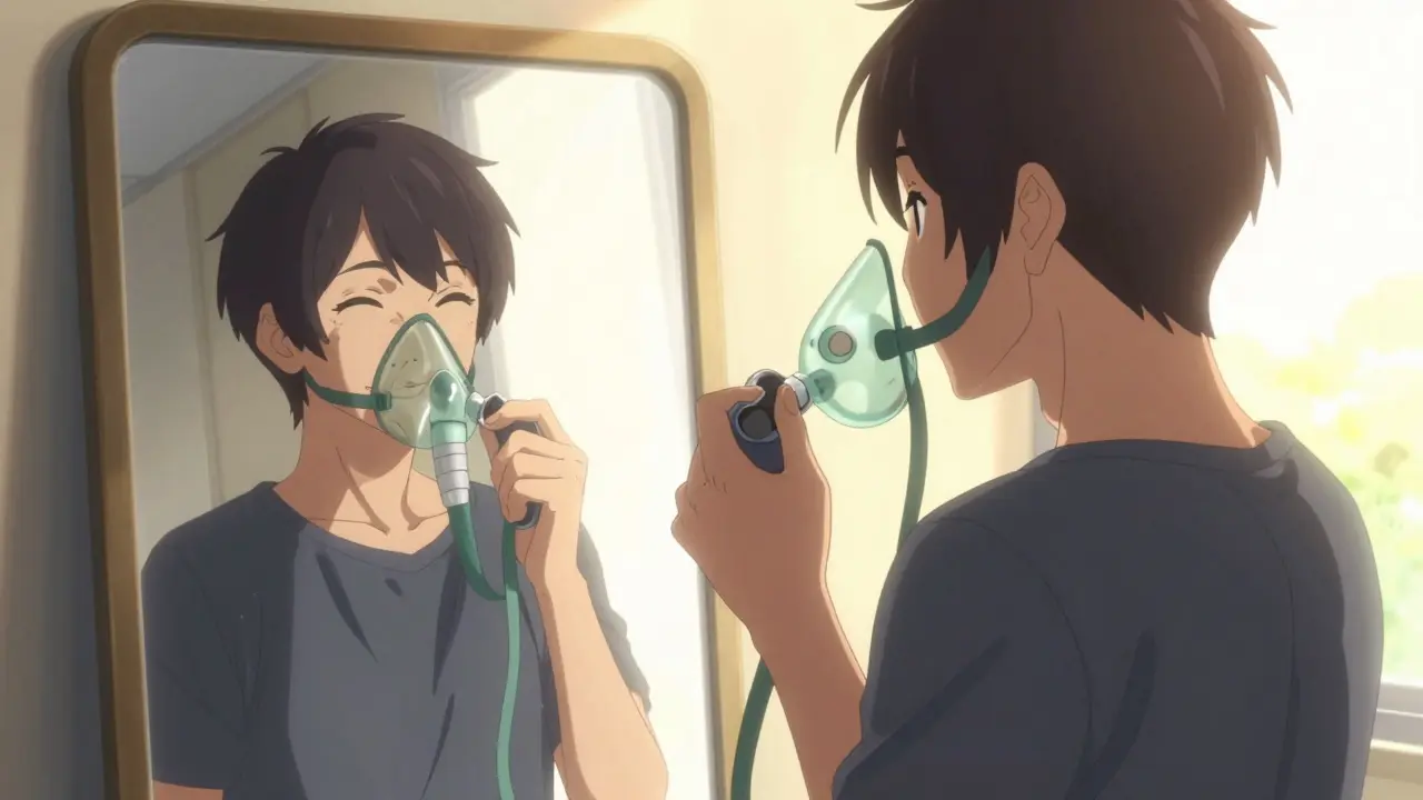 Person looking in a mirror smiling while holding a CPAP mask, showing a healthier, slimmer appearance.