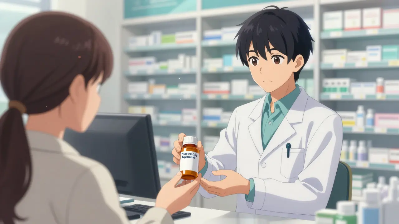 Pharmacist handing a generic medication bottle with an equivalence label to a patient in a bright clinic.