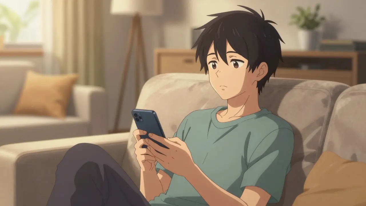 Relieved anime character using a telehealth app on a smartphone in a cozy room