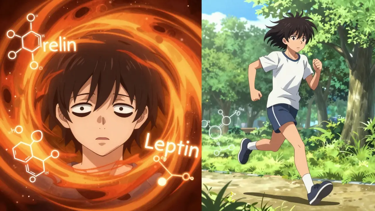 Split screen showing a fatigued person with hormone symbols versus an energized person exercising.