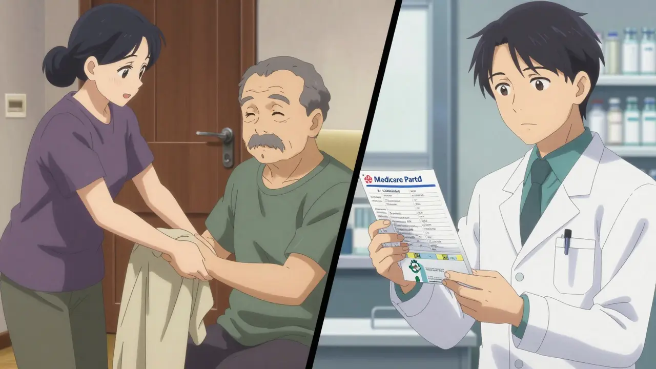 Split screen showing custodial care assistance on one side and a pharmacist reviewing insurance on the other