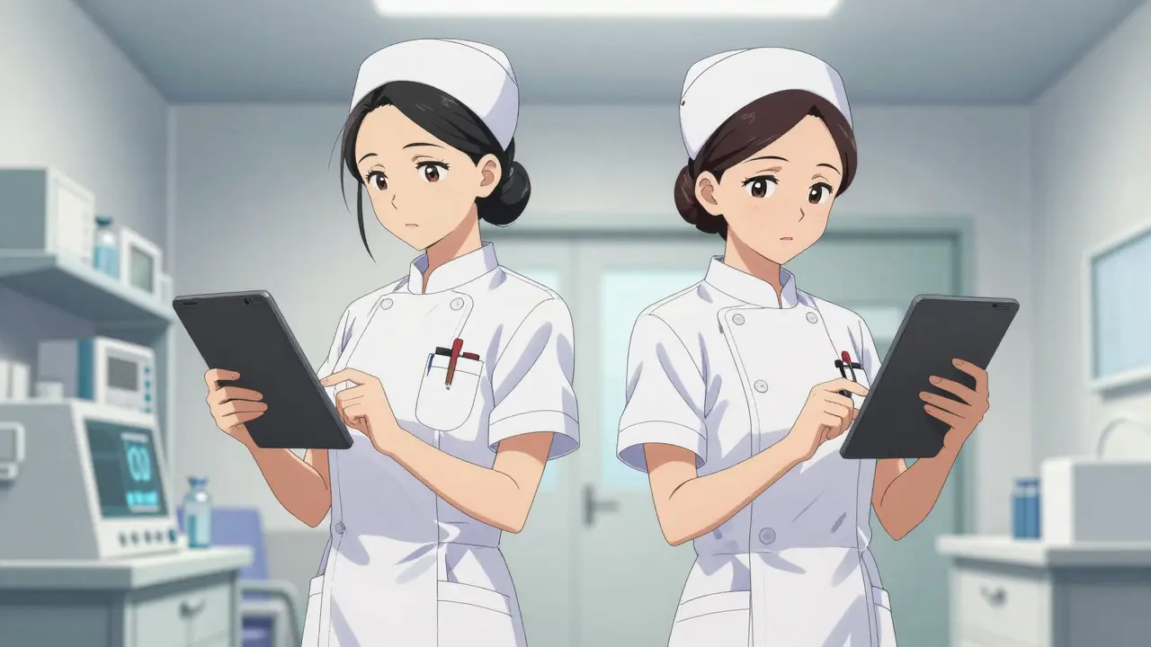 Two nurses in a hospital performing an independent double check of medication doses.